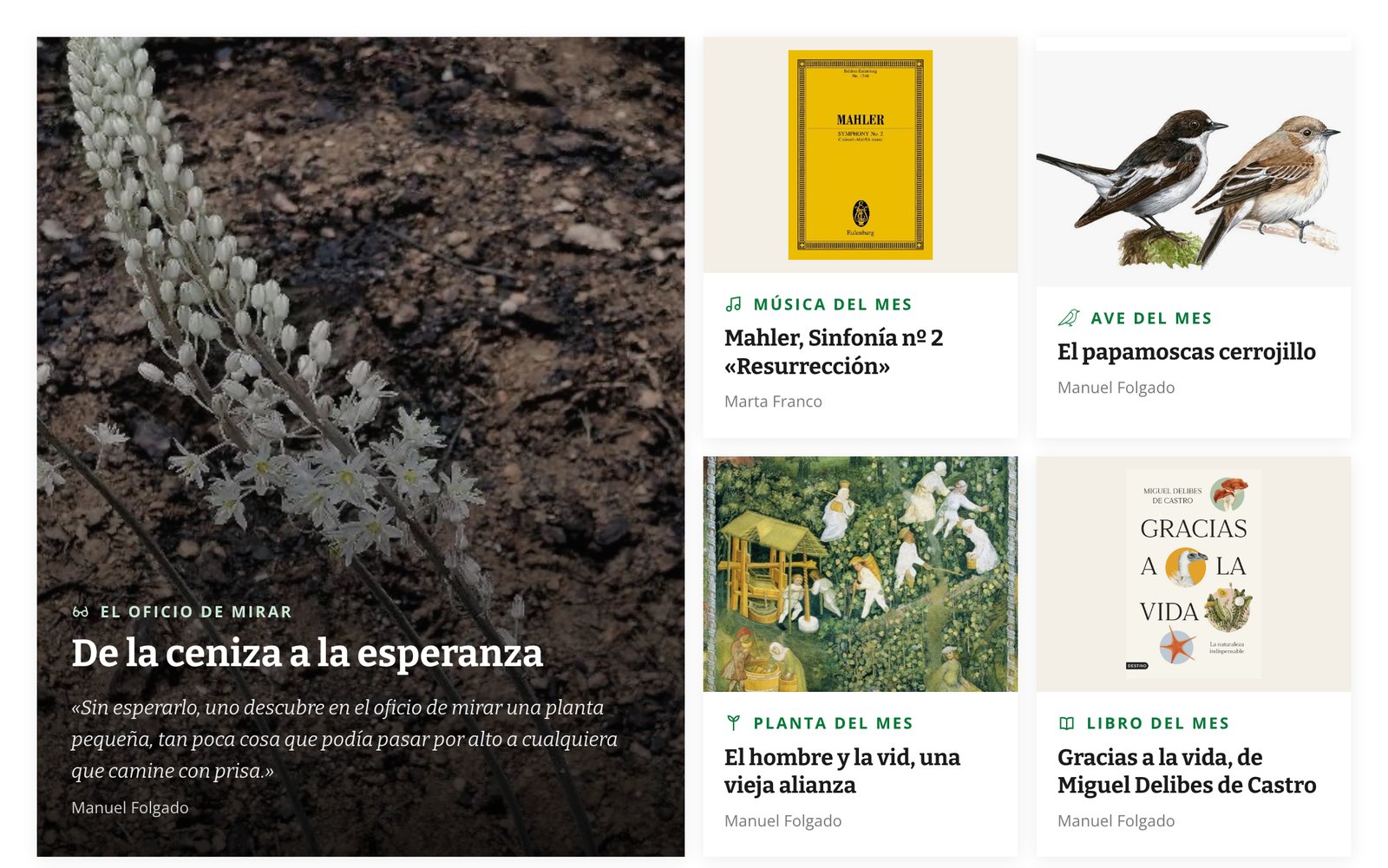 Portada de la entrega de septiembre de La tierra que se nos da, con sus piezas: El oficio de mirar, Música, Ave, Planta y Libro del mes