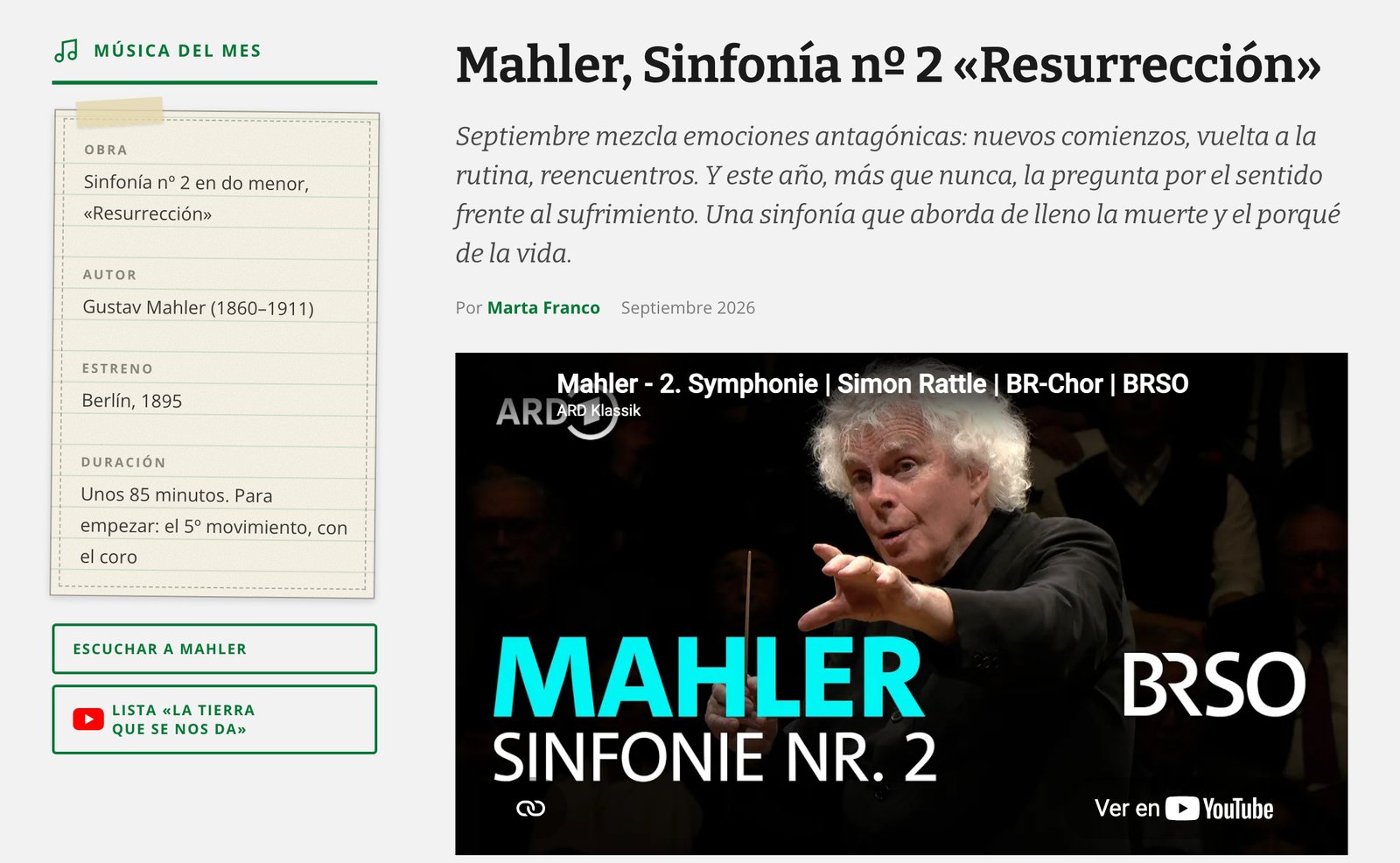 La música del mes: la Sinfonía nº 2 de Mahler, con su ficha y el vídeo